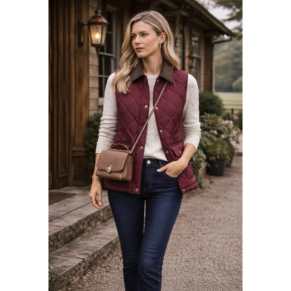 LAUREN RALPH LAUREN New Quilted Vest‎ MEDIUM Dark Garnet Corduroy Trim 84225T